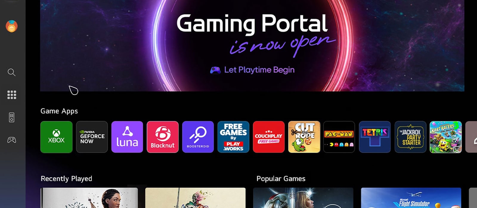 Écran d’accueil du Portail de jeux. Le curseur se déplace et clique pour montrer de nombreux titres de jeux populaires, et la fonction ajoutée qui permet de sélectionner des jeux en fonction du type de manette que vous avez, qu’il s’agisse d’une manette ou de la télécommande. 