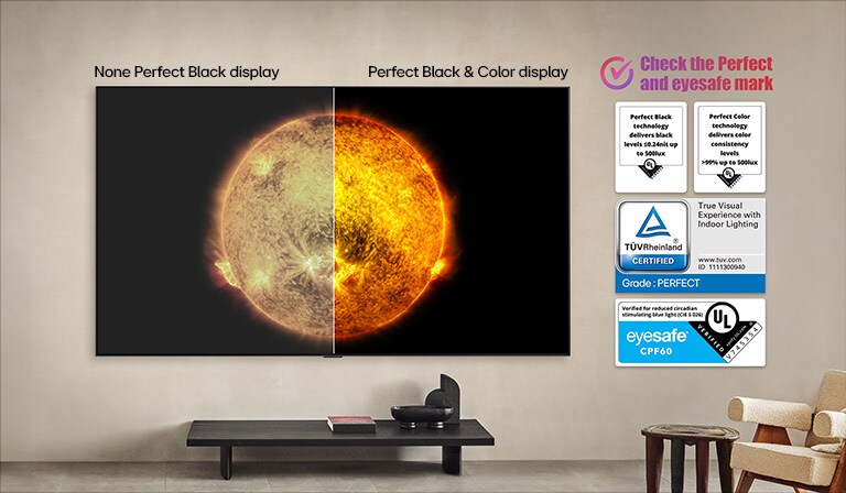 LG OLED TV zobrazujúci vizuálne porovnanie medzi displejom s funkciami Perfect Color a Perfect Black a displejom bez nich. Sú viditeľné certifikácie UL, TÜV a eyesafe s textom vyzývajúcim na kontrolu značiek.