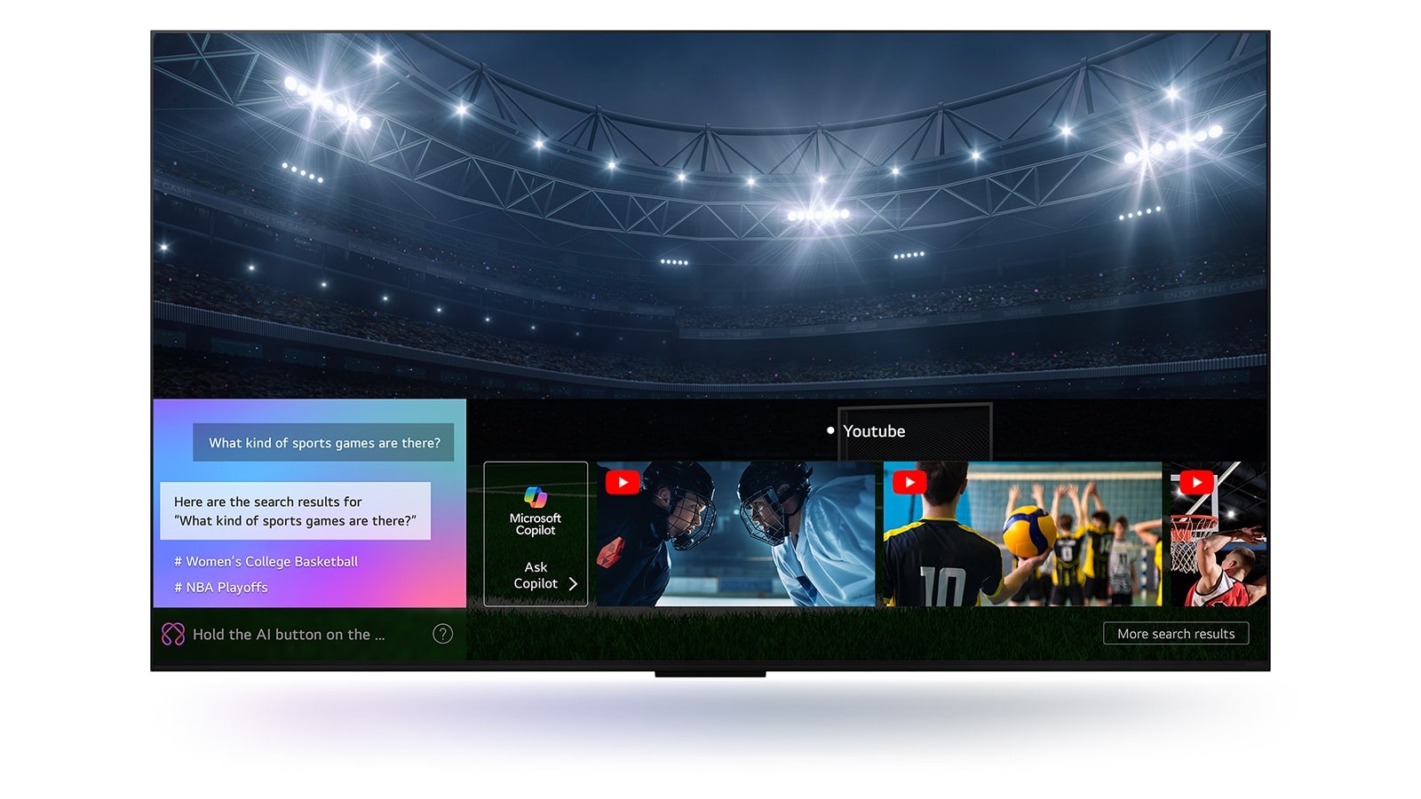 Obrazovka televízora LG OLED TV, ktorá zobrazuje fungovanie AI Search. Otvorené je malé okno četu, ktoré zobrazuje, ako sa používateľ opýtal, aké športové hry sú k dispozícii. AI search odpovedalo prostredníctvom chatu a zobrazením miniatúr rôzneho dostupného obsahu. K dispozícii je aj výzva na položenie otázky chatbotu Microsoft Copilot.