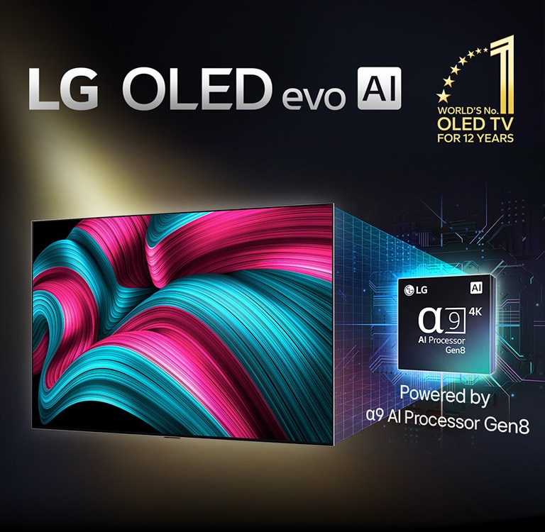 Na obrazovke televízora LG OLED evo AI sa zobrazuje abstraktný obraz s pôsobivými detailmi, farbami a kontrastom. Za televízorom sa zobrazuje zväčšená verzia procesora alpha 9 AI Processor Gen8. Procesor žiari svetlom osvetľujúcim obvody mikročipov okolo neho. Nadpis znie LG OLED evo AI. Viditeľný je aj text „poháňané procesorom LG alpha 9 AI processor Gen8“. V rohu je zlaté logo s hviezdičkami s textom „svetová jednotka v OLED TV už 12 rokov“. 
