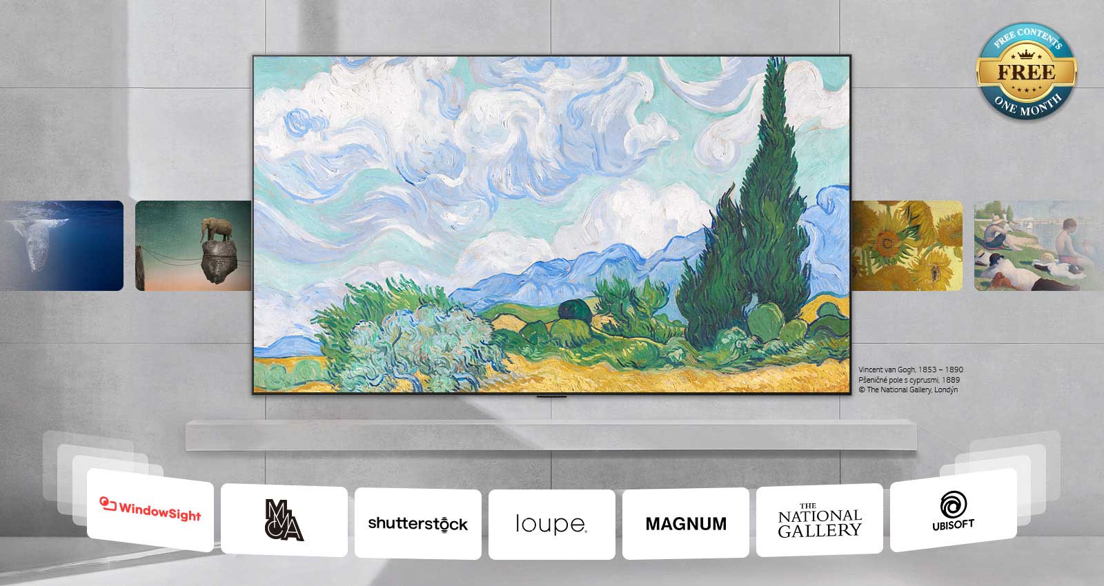 LG TV nainštalovaný na stene s rôznorodým obsahom, ktorý sa strieda na obrazovke, od klasického umenia, cez moderné umenie, 3D a pod. Zobrazené sú aj logá partnerov poskytujúcich obsah. Odznak Obsah zadarmo indikuje bezplatný obsah na jeden mesiac.