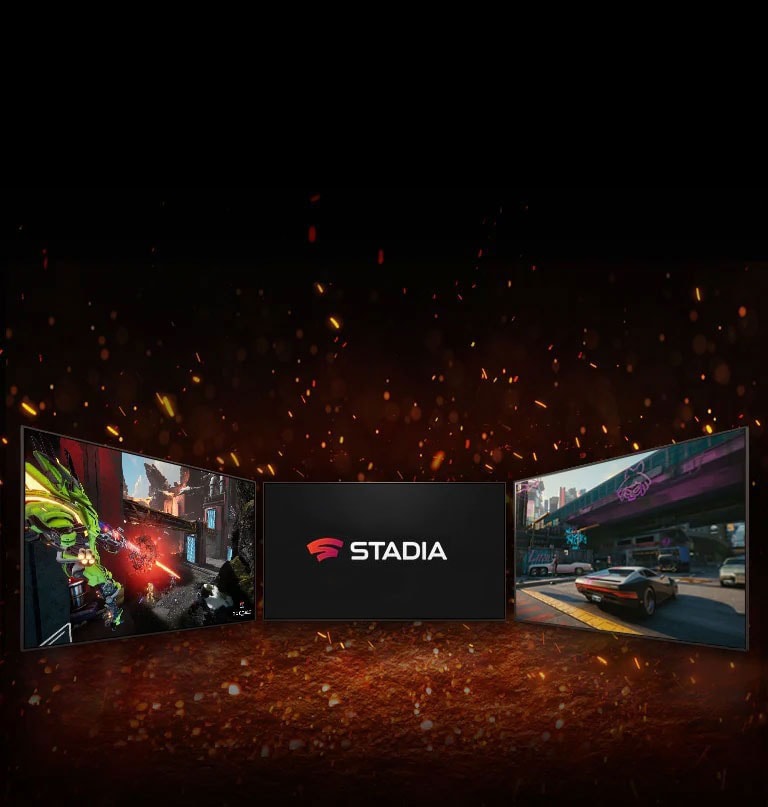 Na obrázku sú tri televízory. Na obrazovke uprostred sú diagonálne umiestnené dve logá – logo aplikácie NVIDIA GeFORCE NOW a logo služby STADIA. Na televízore vľavo je zobrazená hra Splitgate a na televízore vpravo hra Cyberpunk 2077.  