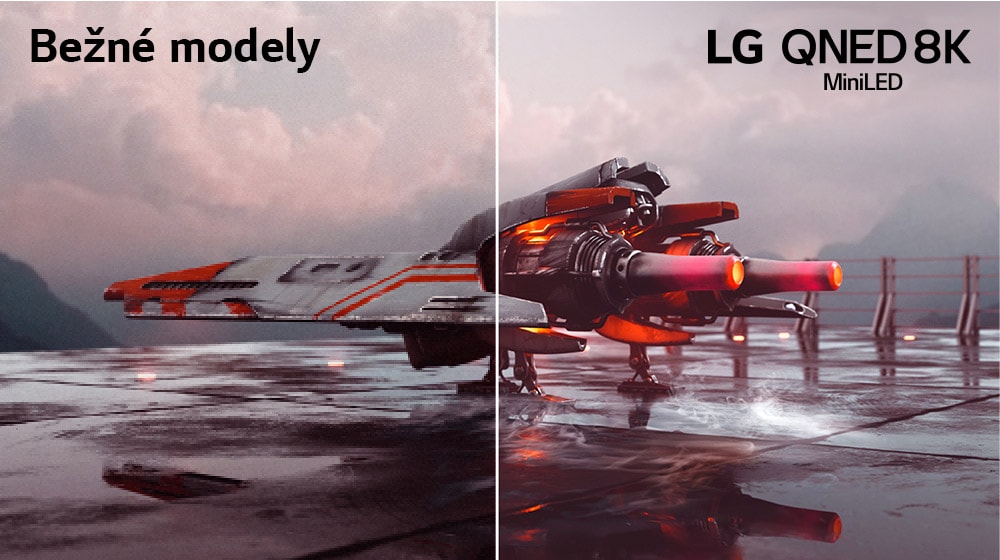 Na obrázku je červené bojové lietadlo a je rozdelený na dve časti. Ľavá polovica obrázka vyzerá menej farebná a o niečo tmavšia, zatiaľ čo pravá polovica je jasnejšia a pestrofarebnejšia. V ľavom hornom rohu obrázka sa nachádza text Bežná technológia a v pravom hornom rohu logo LG QNED.