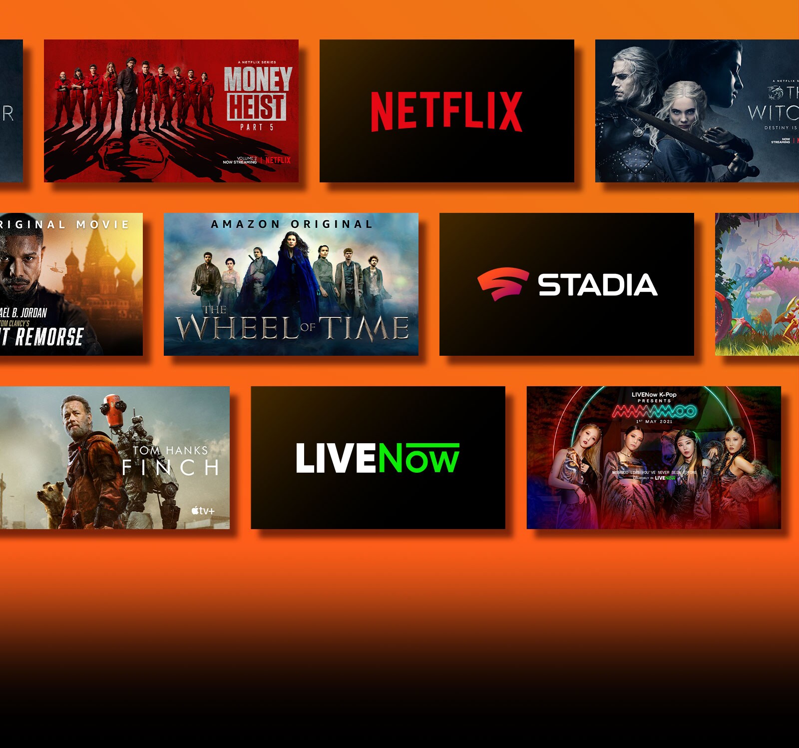 Na obrazovke sú zobrazené logá streamovacích platforiem, vedľa ktorých je zobrazený príslušný obsah. Logo služby Netflix s plagátmi seriálov Papierový dom a Zaklínač. Logo služby Stadia s plagátmi hier Journey to the Savage Planet a The Legend of Heroes: Trails of Cold Steel III. Logo služby Prime Video s plagátmi filmu Tom Clancy: Bez výčitiek a seriálu Koleso času. Logo služby Livenow a upútavka na koncerty skupín Mamamoo a OneUs. Logo služby Apple TV plus s plagátmi seriálu Nadácia a filmu Finch. 