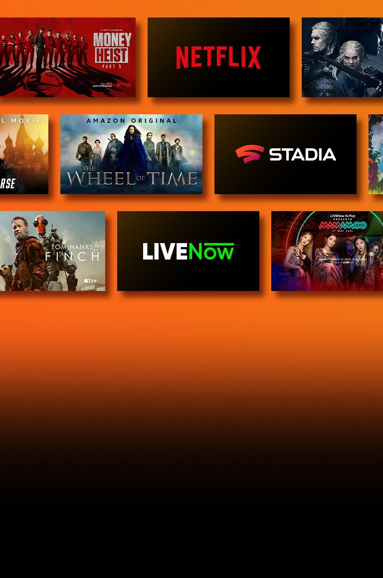 Na obrazovke sú zobrazené logá streamovacích platforiem, vedľa ktorých je zobrazený príslušný obsah. Logo služby Netflix s plagátmi seriálov Papierový dom a Zaklínač. Logo služby Stadia s plagátmi hier Journey to the Savage Planet a The Legend of Heroes: Trails of Cold Steel III. Logo služby Prime Video s plagátmi filmu Tom Clancy: Bez výčitiek a seriálu Koleso času. Logo služby Livenow a upútavka na koncerty skupín Mamamoo a OneUs. Logo služby Apple TV plus s plagátmi seriálu Nadácia a filmu Finch. 