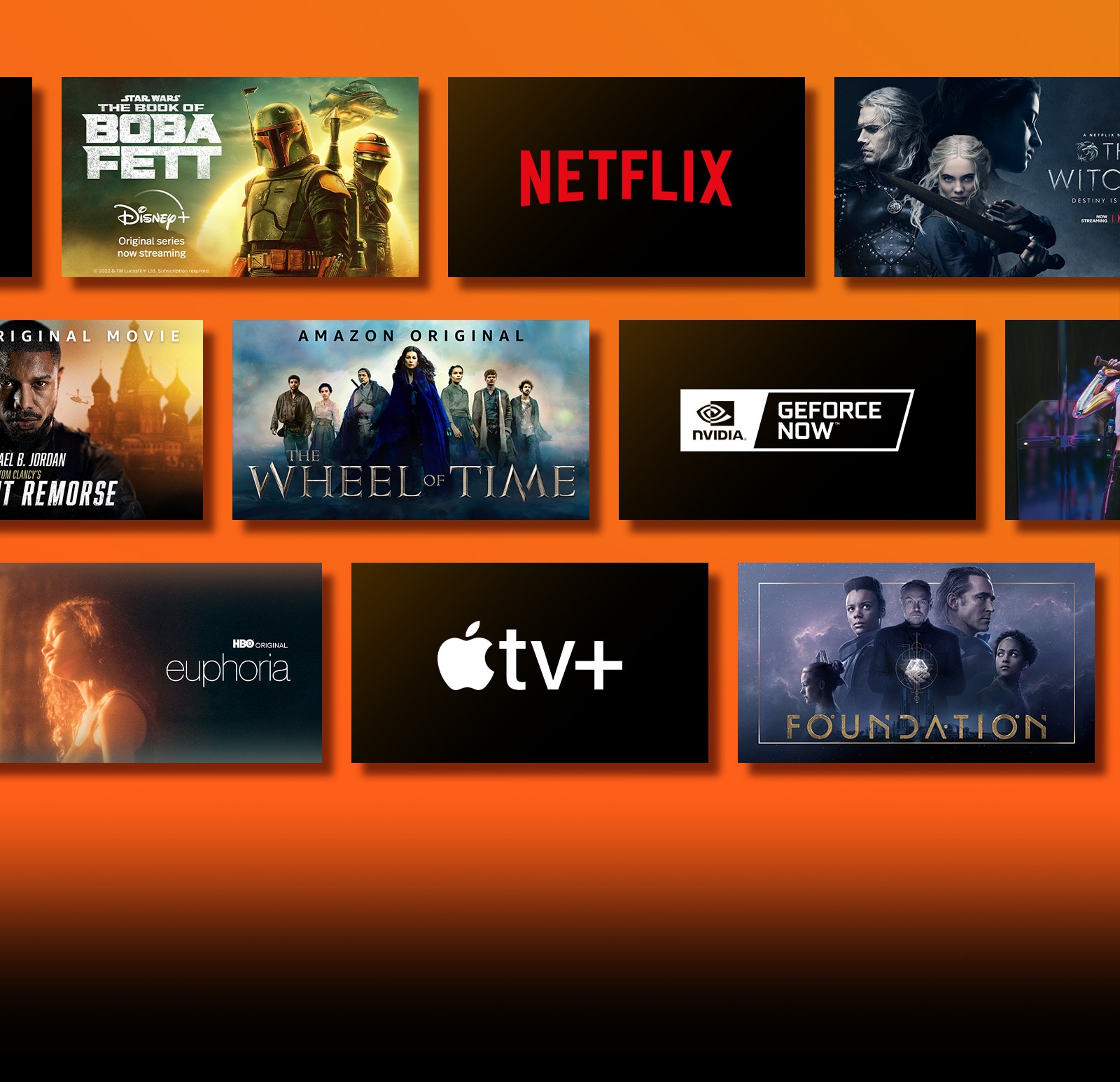 Na obrazovke sú zobrazené logá streamovacích platforiem, vedľa ktorých je zobrazený príslušný obsah. Logo služby Netflix s plagátmi seriálov Papierový dom a Zaklínač. Logo služby Disney s plagátom seriálu The Book of Boba Fett. Logo služby Prime Video s plagátmi filmu Tom Clancy: Bez výčitiek a seriálu Koleso času. Logo služby NVIDIA Geforce Now a obrázky z hier Cyberpunk 2077 a Splitgate. Logo služby HBO Max a plagáty seriálov The Wire – Špina Baltimoru a Eufória. Logo služby Apple TV plus s plagátmi seriálu Nadácia a filmu Finch.