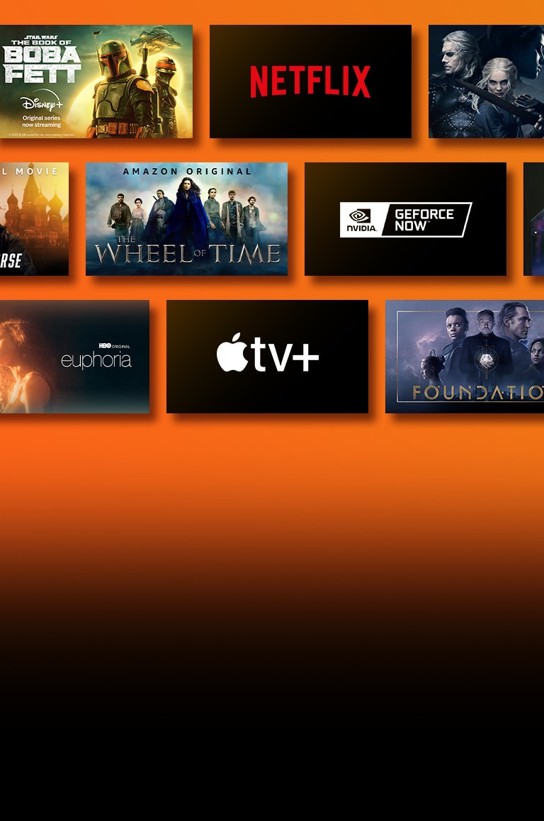 Na obrazovke sú zobrazené logá streamovacích platforiem, vedľa ktorých je zobrazený príslušný obsah. Logo služby Netflix s plagátmi seriálov Papierový dom a Zaklínač. Logo služby Disney s plagátom seriálu The Book of Boba Fett. Logo služby Prime Video s plagátmi filmu Tom Clancy: Bez výčitiek a seriálu Koleso času. Logo služby NVIDIA Geforce Now a obrázky z hier Cyberpunk 2077 a Splitgate. Logo služby HBO Max a plagáty seriálov The Wire – Špina Baltimoru a Eufória. Logo služby Apple TV plus s plagátmi seriálu Nadácia a filmu Finch.