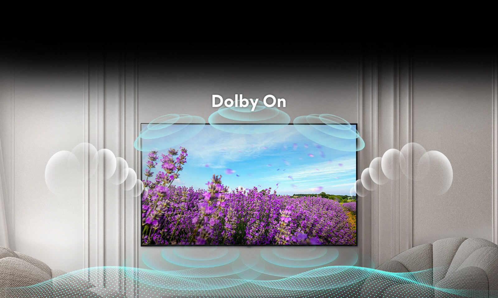 QNED TV screen shows a rapeseed pink flowers on summer field and the text in the middle says Dolby OFF. The inscreen image becomes brighter and the text changes to dolby on.