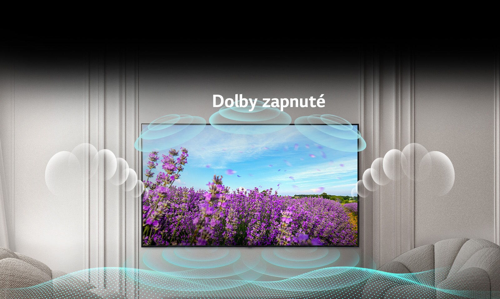 Obrazovka televízora QNED zobrazuje ružové kvety repky na poli v lete a v strede obrazu je text: Dolby VYPNUTÉ. Obraz na obrazovke sa rozjasní a text sa zmení na: Dolby ZAPNUTÉ.
