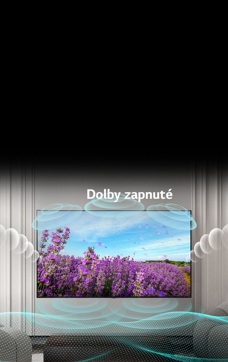 Obrazovka televízora QNED zobrazuje ružové kvety repky na poli v lete a v strede obrazu je text: Dolby VYPNUTÉ. Obraz na obrazovke sa rozjasní a text sa zmení na: Dolby ZAPNUTÉ.