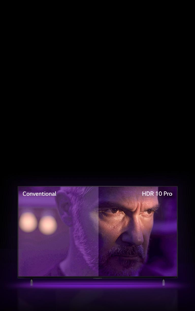 A man is staring outside, looking mad. The image is divided into two part. On left half of image appears to be dull and less vibrant color, while on the right half of image looks more vibrant with more colors. On left top corner says ‘conventional’, on right top corner says ‘HDR 10 PRO’. 