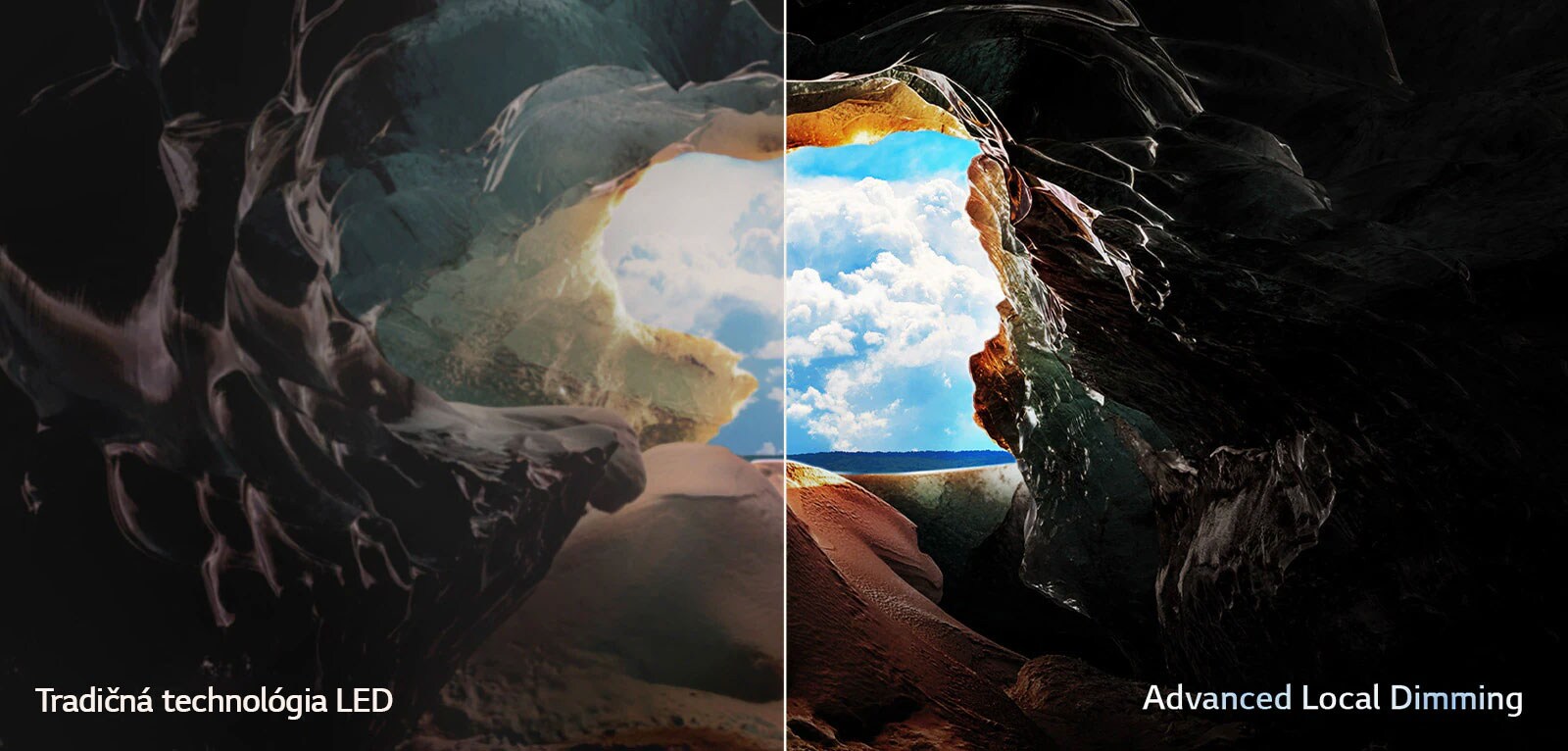 Pohľad z vnútra jaskyne smerom k jej vchodu, kde vidno modrú oblohu a horizont. Celá scéna je rozdelená na polovicu, aby ukázala schopnosti Advanced Local Dimming technológie QNED. Na jednej strane sú farby a detaily vyblednuté a obraz vyzerá nejasne. Označenie hovorí: Tradičná technológia LED. Druhá strana má výborné čierne tóny, lepší kontrast, jas a farby. Označenie hovorí: Advanced Local Dimming. 