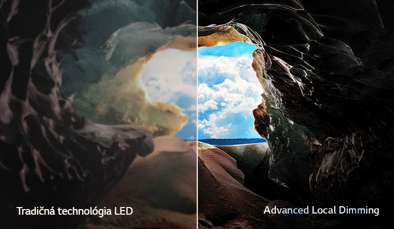 Pohľad z vnútra jaskyne smerom k jej vchodu, kde vidno modrú oblohu a horizont. Celá scéna je rozdelená na polovicu, aby ukázala schopnosti Advanced Local Dimming technológie QNED. Na jednej strane sú farby a detaily vyblednuté a obraz vyzerá nejasne. Označenie hovorí: Tradičná technológia LED. Druhá strana má výborné čierne tóny, lepší kontrast, jas a farby. Označenie hovorí: Advanced Local Dimming. 
