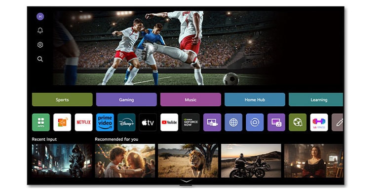 Domovská obrazovka LG Channels zobrazujúca rôznorodý obsah dostupný na televízore LG TV. 