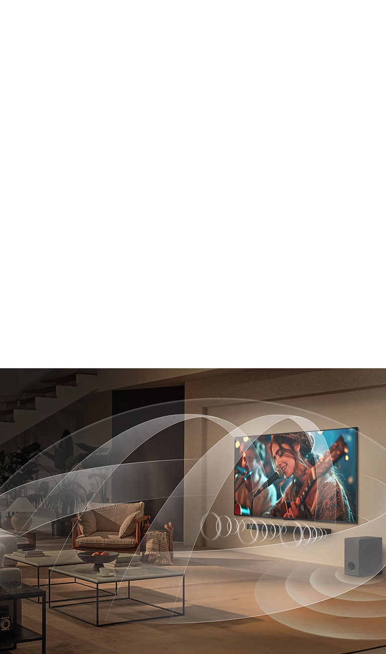 Obývacia izba s televízorom LG QNED TV a soundbarom LG Soundbar s grafikou, ktorá znázorňuje, ako obe zariadenia vypĺňajú priestor viackanálovým priestorovým zvukom.