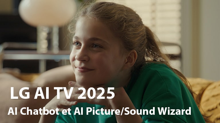 Titulok je vidieť, 2025 LG AI TV, AI Chatbot a AI Picture/Sound Wizard. Dievča sedí, usmieva sa a pozerá sa do diaľky. 