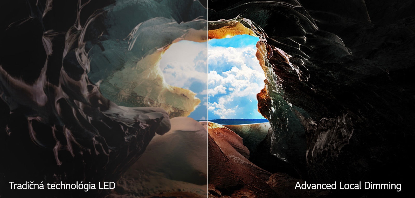 Pohľad z vnútra jaskyne smerom k jej vchodu, kde vidno modrú oblohu a horizont. Celá scéna je rozdelená na polovicu, aby ukázala schopnosti Advanced Local Dimming technológie QNED. Na jednej strane sú farby a detaily vyblednuté a obraz vyzerá nejasne. Označenie hovorí: Tradičná technológia LED. Druhá strana má výborné čierne tóny, lepší kontrast, jas a farby. Označenie hovorí: Advanced Local Dimming. 