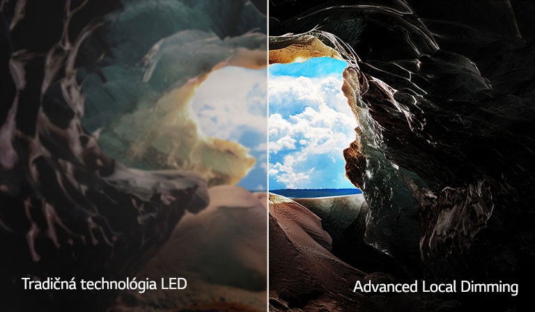 Pohľad z vnútra jaskyne smerom k jej vchodu, kde vidno modrú oblohu a horizont. Celá scéna je rozdelená na polovicu, aby ukázala schopnosti Advanced Local Dimming technológie QNED. Na jednej strane sú farby a detaily vyblednuté a obraz vyzerá nejasne. Označenie hovorí: Tradičná technológia LED. Druhá strana má výborné čierne tóny, lepší kontrast, jas a farby. Označenie hovorí: Advanced Local Dimming. 