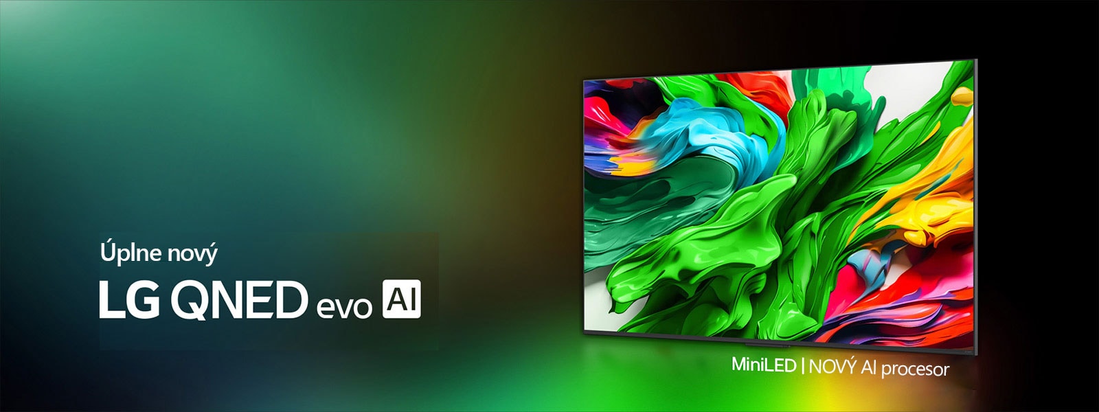 LG QNED TV oproti farebnému tmavému pozadiu. Na obrazovke je jasné a farebné umelecké dielo, ktoré predstavuje technológiu farieb QNED a schopnosť zobrazovať široké spektrum odtieňov s výborným kontrastom. Prítomné úplne nové logo LG QNED evo AI. S titulkami ukazujúcimi MiniLED a nový alpha AI procesor televízora QNED. Titulok znie Každá farba je nanovo definovaná. Začína sa nový zážitok.