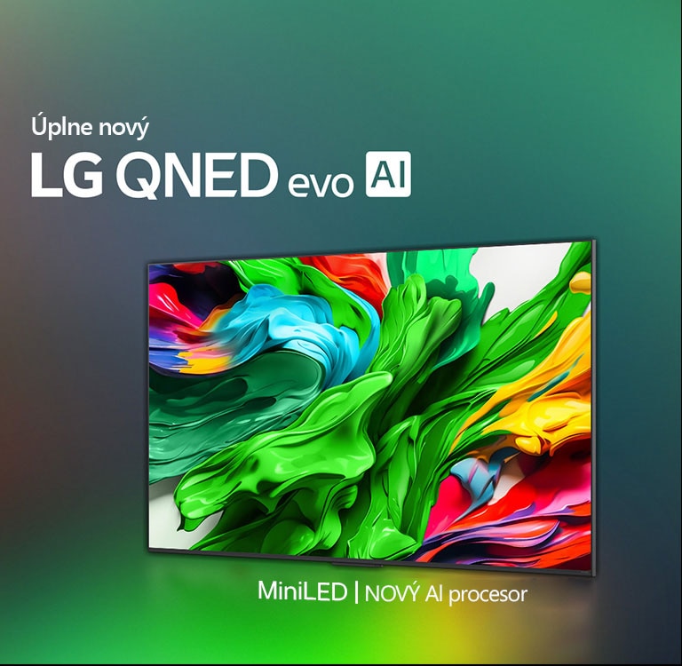 LG QNED TV oproti farebnému tmavému pozadiu. Na obrazovke je jasné a farebné umelecké dielo, ktoré predstavuje technológiu farieb QNED a schopnosť zobrazovať široké spektrum odtieňov s výborným kontrastom. Prítomné úplne nové logo LG QNED evo AI. S titulkami ukazujúcimi MiniLED a nový alpha AI procesor televízora QNED. Titulok znie Každá farba je nanovo definovaná. Začína sa nový zážitok.