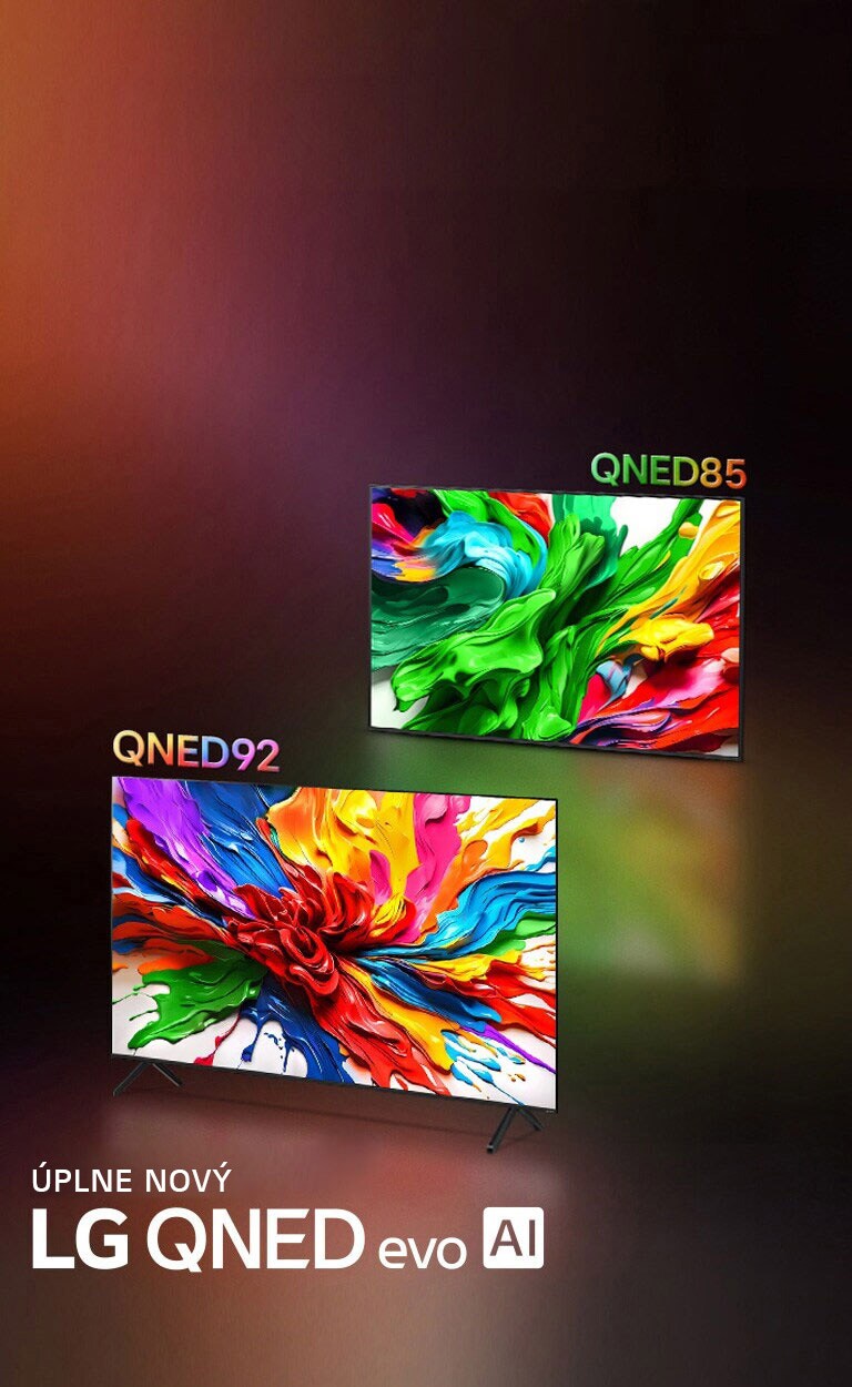 Televízory LG QNED92 a LG QNED85 sú vedľa seba. Farebná predloha, ktorá zvýrazňuje novú technológiu na reprodukciu živých a žiarivých farieb televízorov LG QNED, je na ich obrazovkách. Je tiež prítomné ÚPLNE NOVÉ logo LG QNED evo AI.