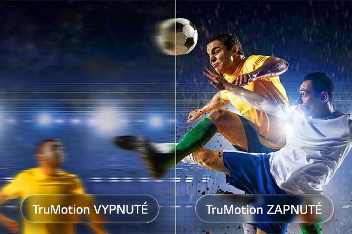 Televízor LG QNED evo AI QNED80 Mini LED s technológiou TruMotion prezentuje vyhladzovanie pohybu v rozdelenej scéne futbalového zápasu, ktorá porovnáva rozmazanú akciu pri vypnutej funkcii TruMotion a ostrý a jasný pohyb so zapnutou funkciou TruMotion, čím zvyšuje prehľadnosť pri rýchlych športoch.
