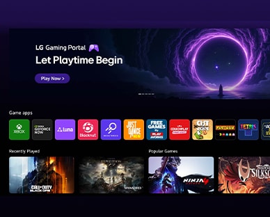 Televízor LG QNED evo AI QNED80 Mini LED prezentuje herný portál LG s rozložením herného centra, ktorý kombinuje odporúčaný obsah a herné dlaždice v jednotnom rozhraní, ktoré sa rozšíri a poskytne prístup k službe Xbox Cloud Gaming, GeForce NOW a herným aplikáciám pre systém webOS.