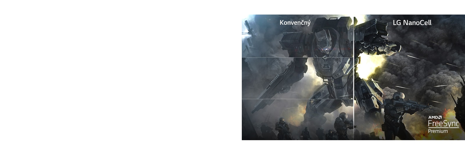 Scéna z hry zobrazenej na konvenčnom televízore s trhaním a druhá polovica na televízore LG OLED bez trhania