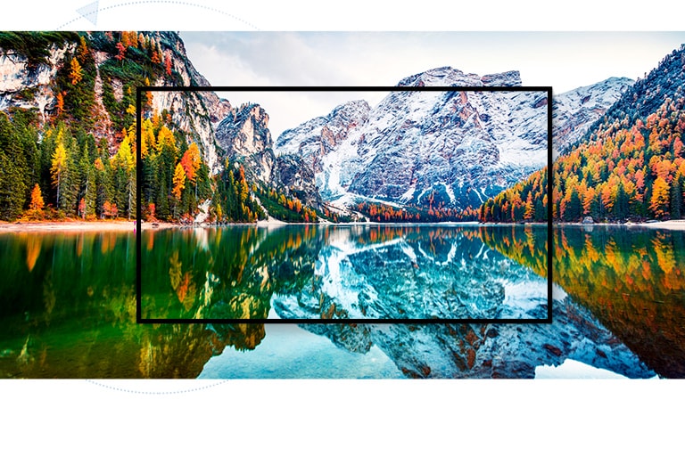 TV obrazovka s horskou scenériou a jazerom presahujúcim displej (prehrať video)