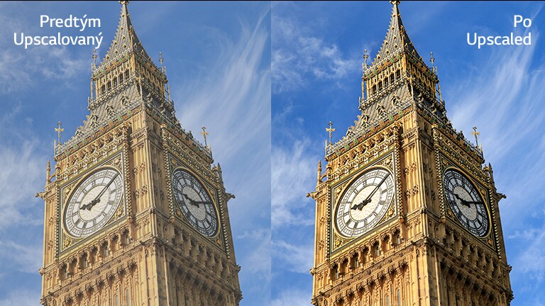 Obrázok Big Bena vpravo s textom „After Upscaled“ má jasnejší a jasnejší obraz v porovnaní s rovnakým obrázkom vľavo s textom „Before Upscaled“.