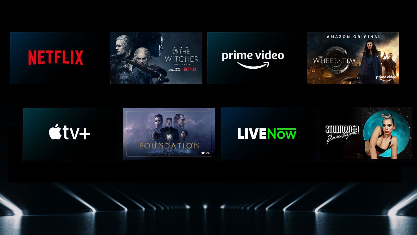 Obrázok znázorňujúci rôzne služby OTT a ponúkané programy vedľa jednotlivých log.