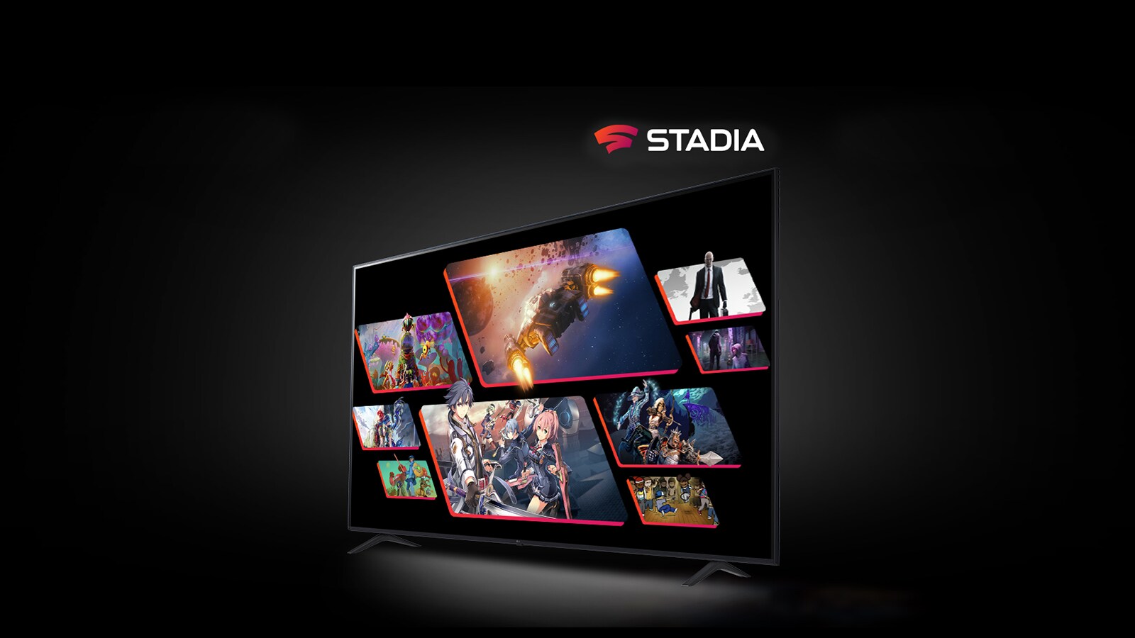 Obrázok STADIA na oddelených televízoroch LG s rozlíšením UHD, ktoré zobrazujú programy a hry.
