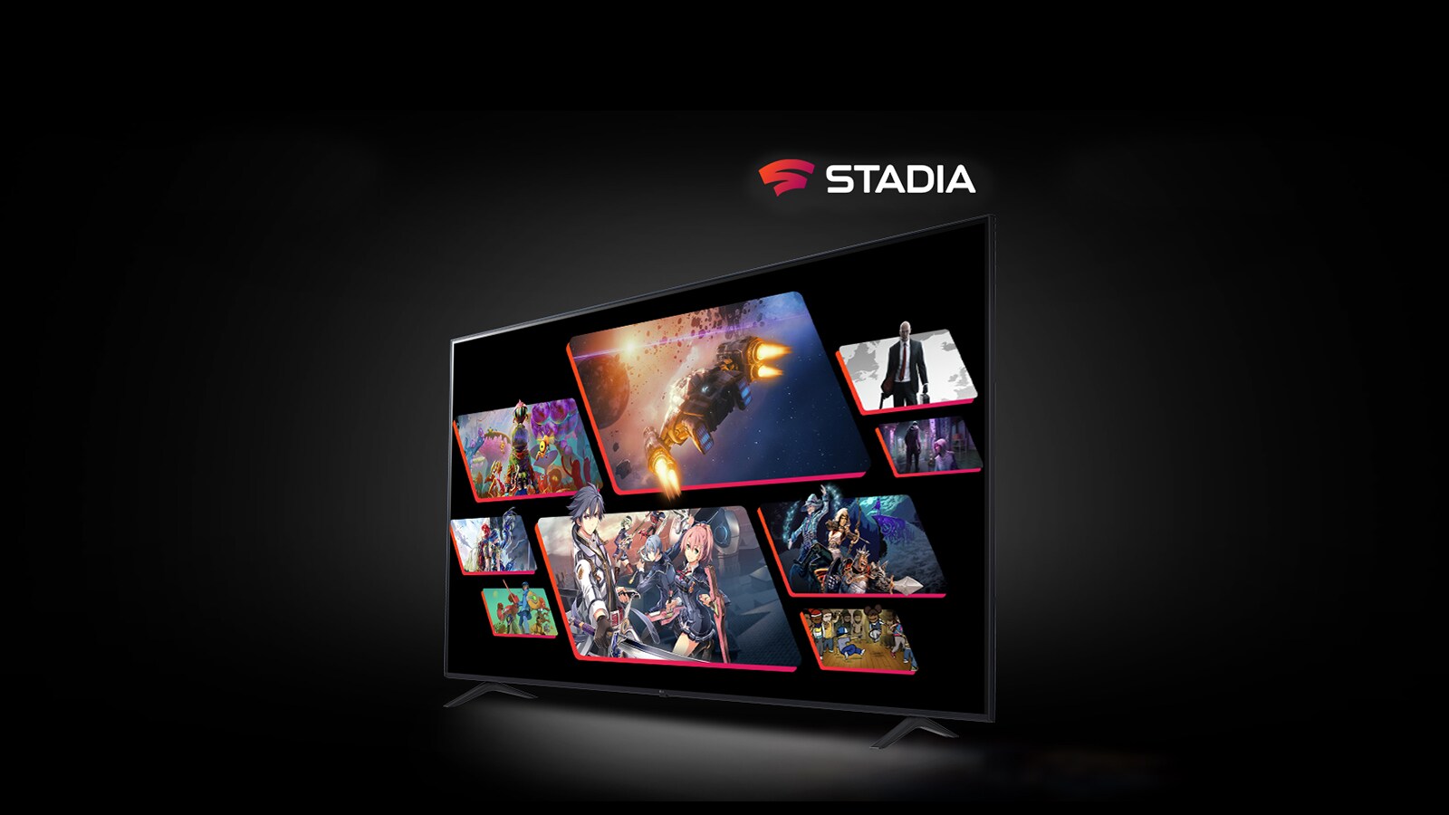 Obrázok GEFORCE NOW a STADIA na dvoch oddelených televízoroch LG s rozlíšením UHD, ktoré zobrazujú programy a hry.