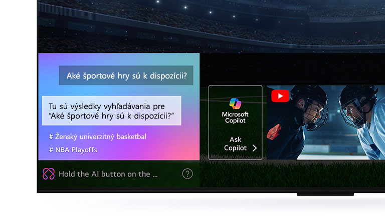 Pohľad zblízka na obrazovku LG QNED TV, ktorá ukazuje, ako funguje AI Search. Otvorené je malé okno četu, ktoré zobrazuje, ako sa používateľ opýtal, aké športové hry sú k dispozícii. AI hľadanie odpovedalo prostredníctvom četu a zobrazením miniatúr dostupného obsahu. K dispozícii je aj výzva na položenie otázky chatbotu Microsoft Copilot. 