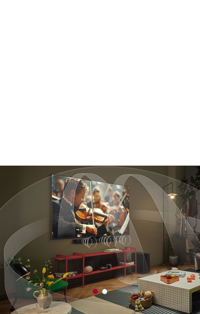 Obývacia izba s televízorom LG OLED TV a soundbarom LG Soundbar s grafikou, ktorá ukazuje, ako obe zariadenia vypĺňajú priestor viackanálovým priestorovým zvukom.