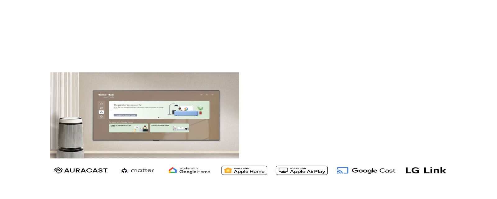 LG OLED AI B6E with Smart Connectivity displays the Home Hub interface on screen, showing connections to Google Home and LG ThinQ, with panels for TV, devices, and apps in a single control layout.