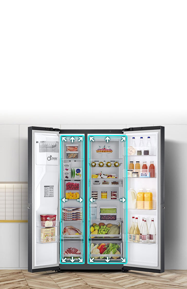 Video sa začína pohľadom spredu na chladničku s úplne otvorenými obidvomi dverami. Vnútorné priestory sú ohraničené neónovými čiarami. Šípky začnú čiary rozťahovať na znázornenie väčšieho priestoru vo vnútri. Neónový štvorec okolo vnútorných priestorov bliká. Znázorňuje rozdiel medzi novým priestorom a menším starým priestorom, ktorý už je ohraničený bodkovanou bielou čiarou.