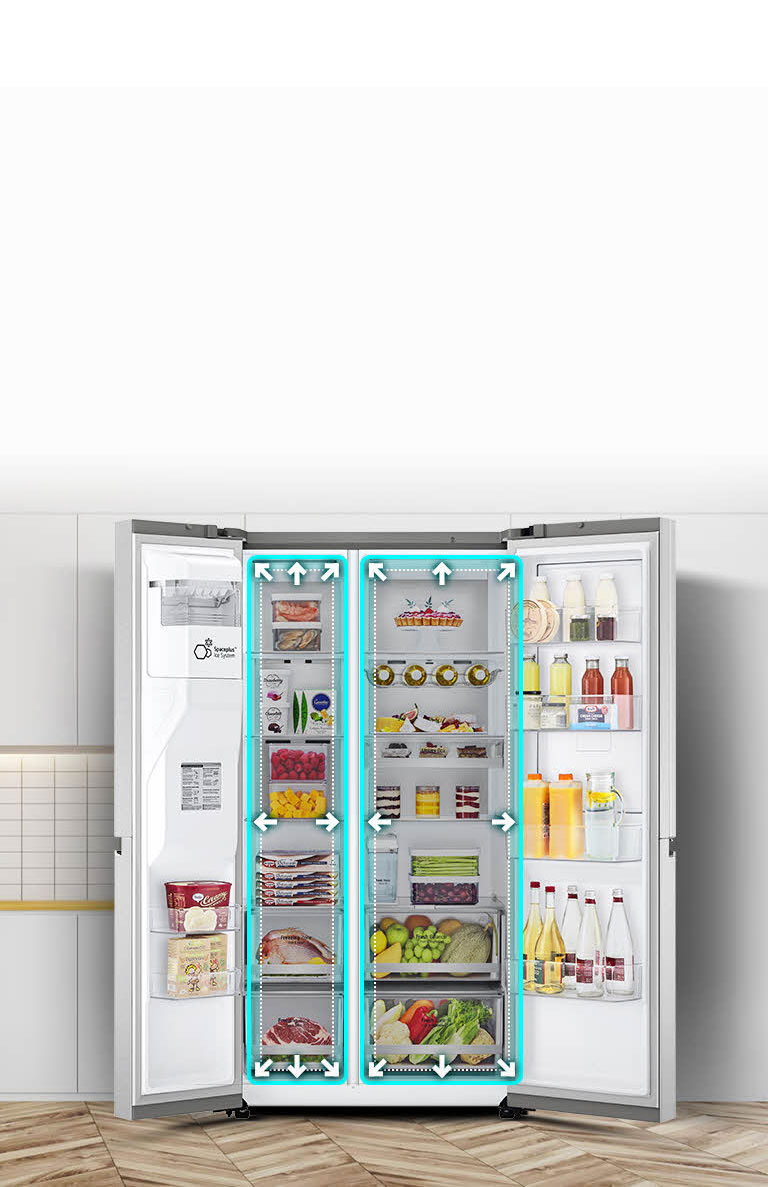 Video sa začína pohľadom spredu na chladničku s úplne otvorenými obidvomi dverami. Vnútorné priestory sú ohraničené neónovými čiarami. Šípky začnú čiary rozťahovať na znázornenie väčšieho priestoru vo vnútri. Neónový štvorec okolo vnútorných priestorov bliká. Znázorňuje rozdiel medzi novým priestorom a menším starým priestorom, ktorý už je ohraničený bodkovanou bielou čiarou.