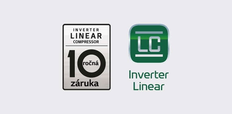 10 Year Warranty" feature - Logo 10leté záruky na invertorový lineární kompresor je umístěno vedle loga technologie Inverter Linear.