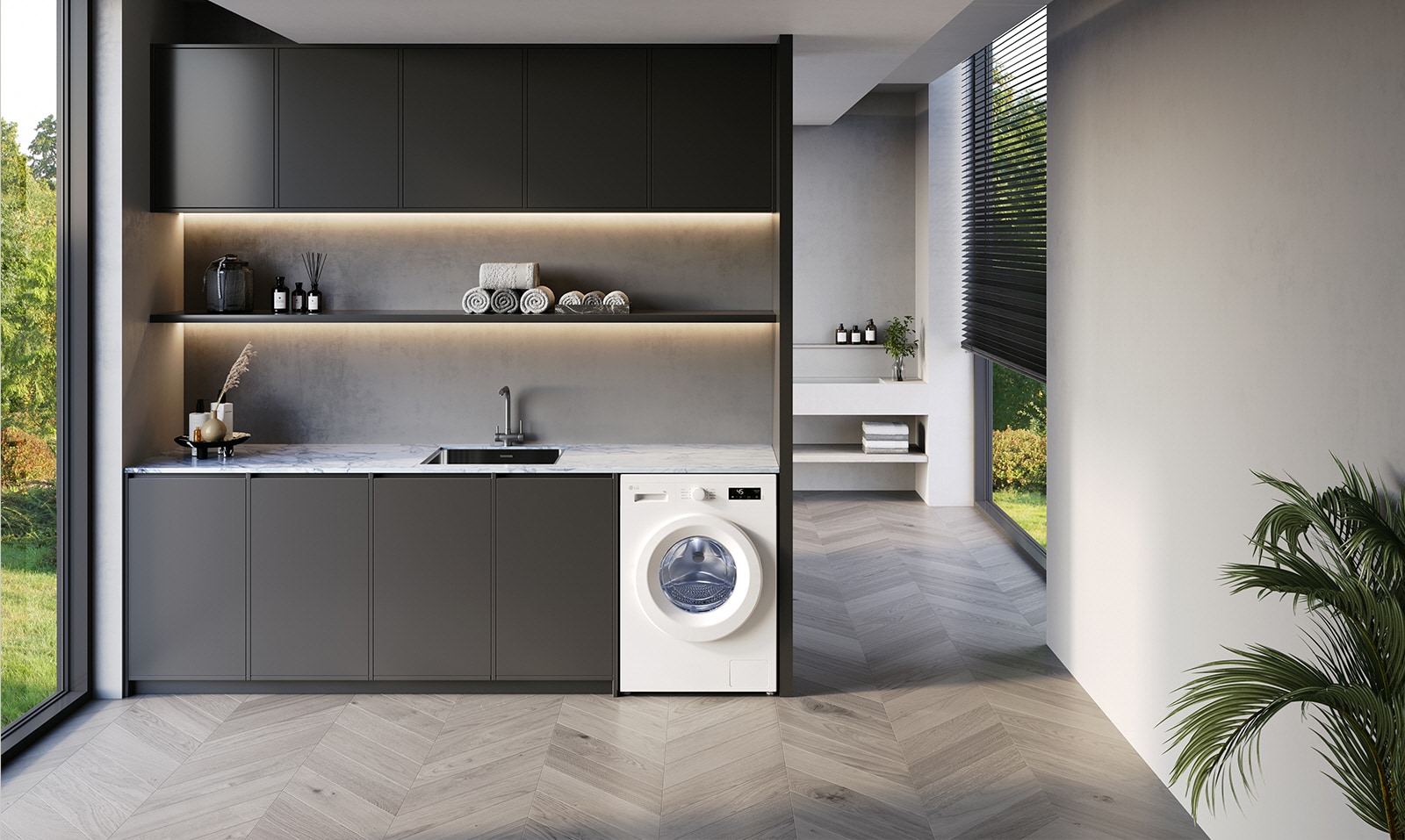 Ukazuje výrez interiéru s práčkou