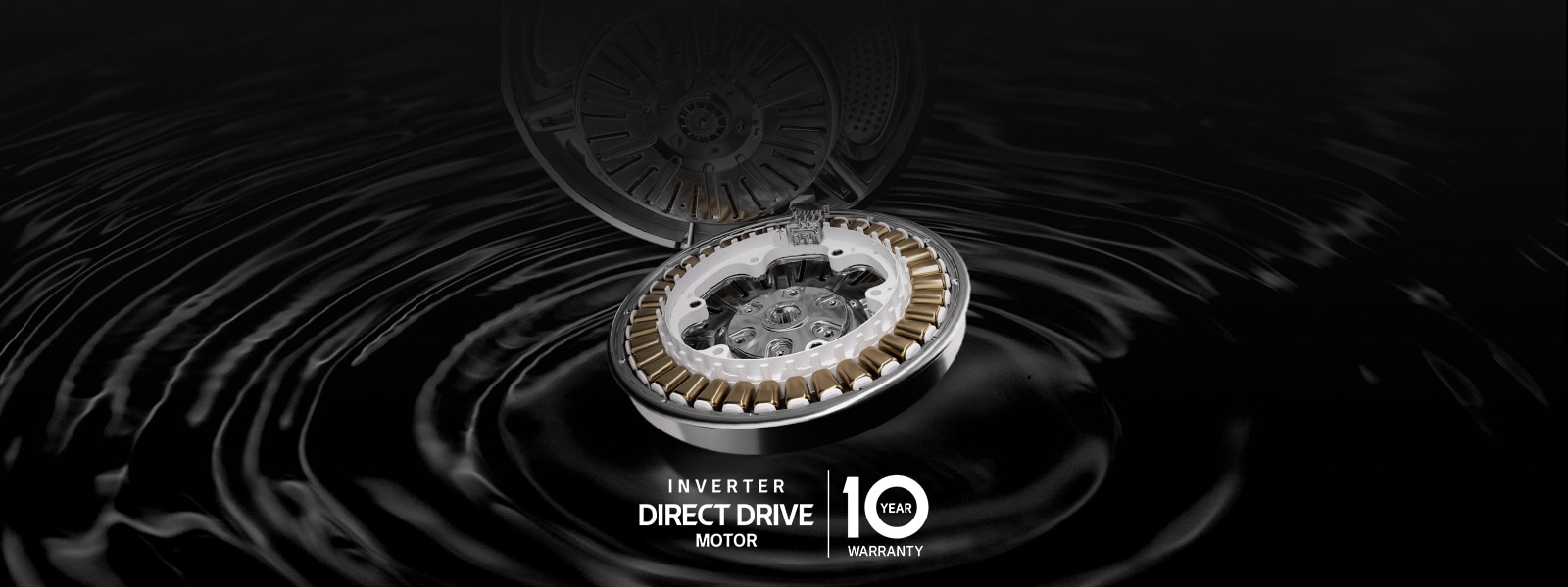 Na obrázku sú motor a logo práčky na čiernom vlnivom pozadí