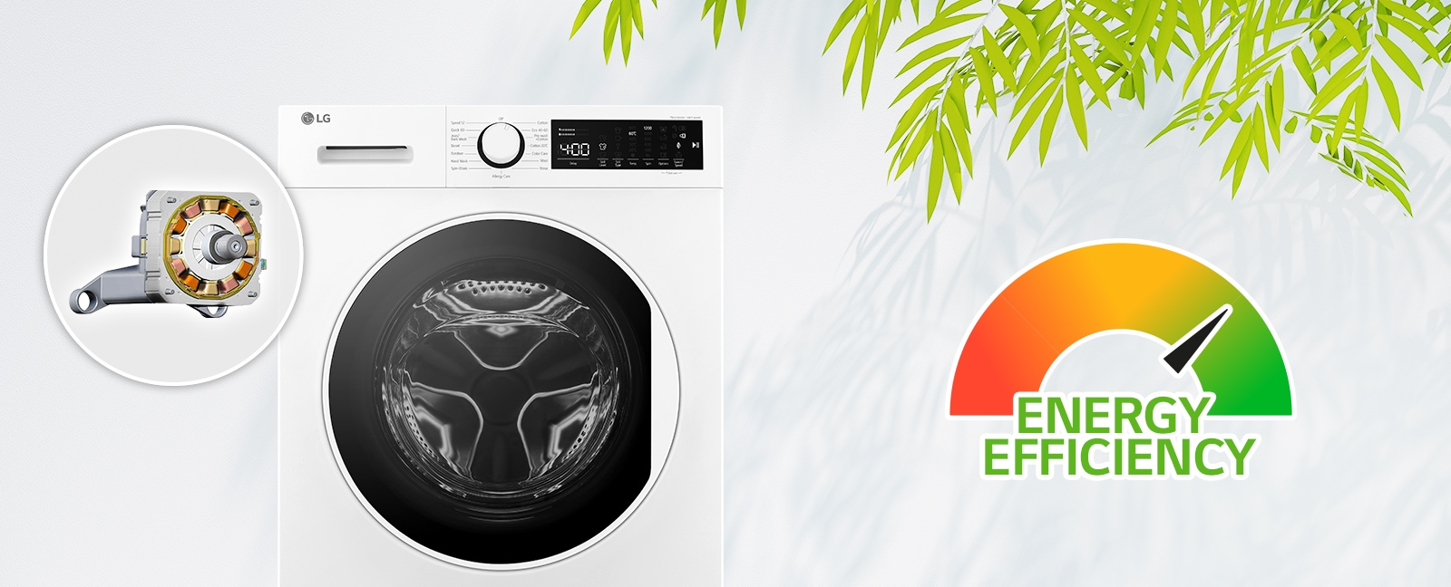 Na stene je vyobrazená tráva, vľavo motor a práčka a vpravo merač energie