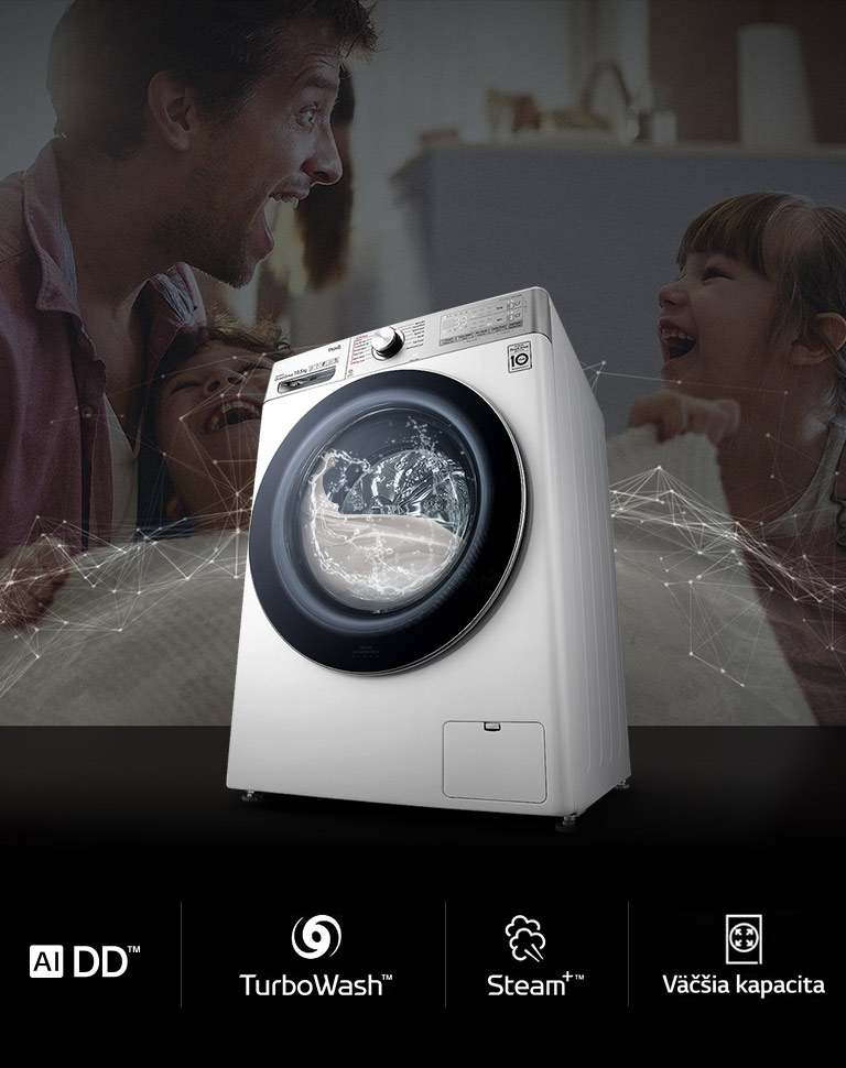 Práčka perie a na pozadí je obrázok otca, ktorý sa smeje s dcérou.