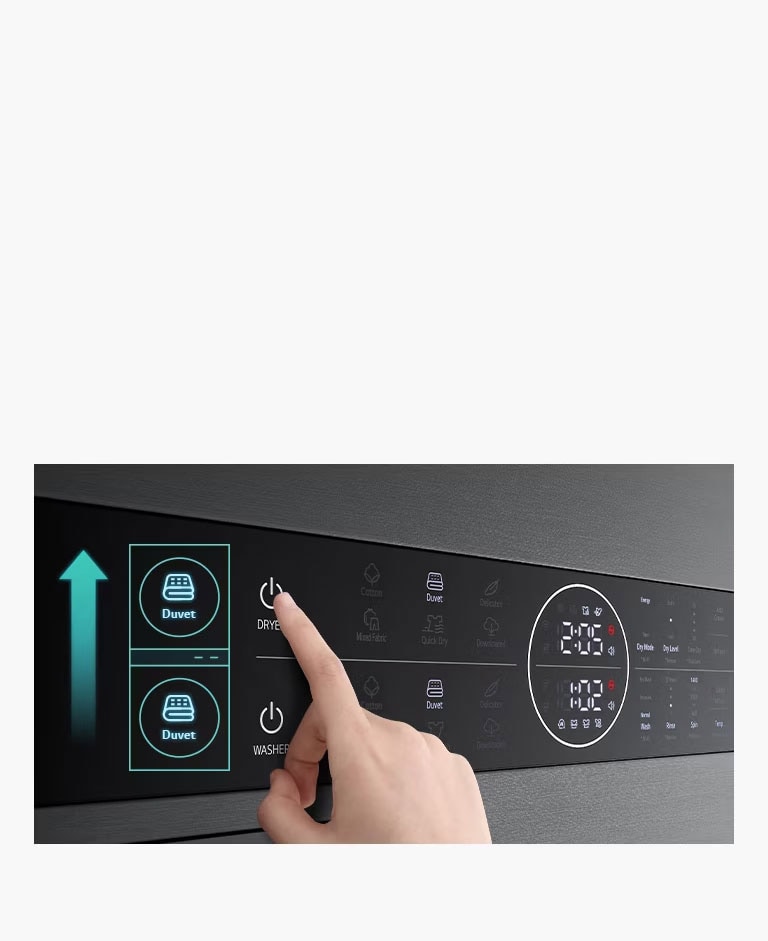 Na obrázku sa nachádza panel produktu. Je zvýraznené tlačidlo Prikrývky na sušičke a tlačidlo Prikrývky na práčke.