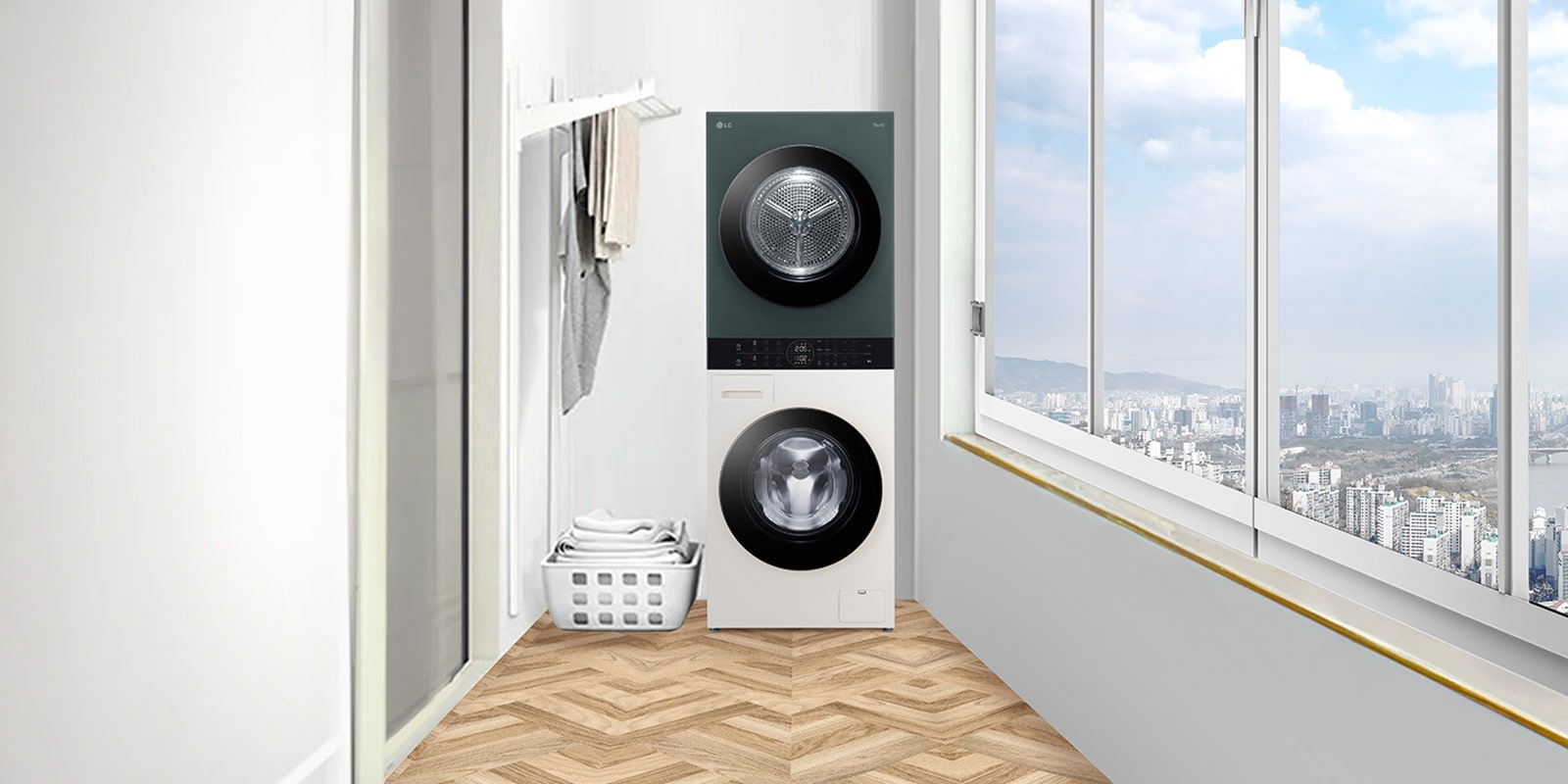 Model Washtower je umiestnený na balkóne v odtieňoch bielej.