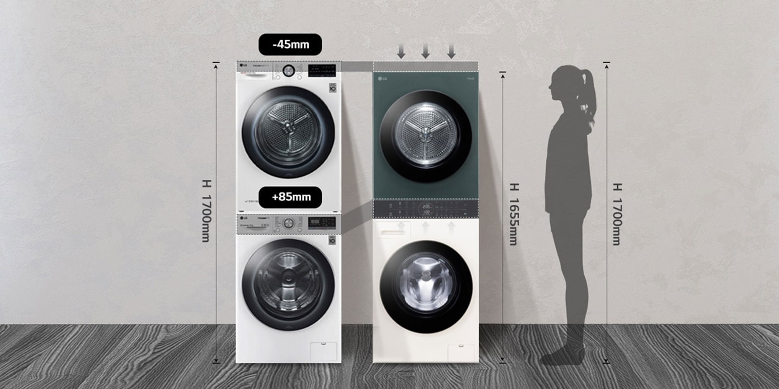 Model Washtower je umiestnený vedľa práčky so sušičkou na sebe, pričom je zvýraznená o 45 mm menšia výška a o 85 mm vyšší ovládací panel.