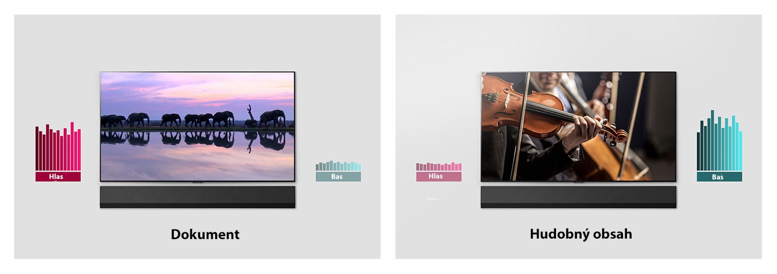 Dva zábery umiestnené vedľa seba, na oboch sú televízory a Sound Bary. Na jednej televíznej obrazovke sú slony a na druhej orchester. Vedľa oboch televízorov sú dva grafy.