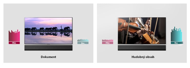 Dva zábery umiestnené vedľa seba, na oboch sú televízory a Sound Bary. Na jednej televíznej obrazovke sú slony a na druhej orchester. Vedľa oboch televízorov sú dva grafy.