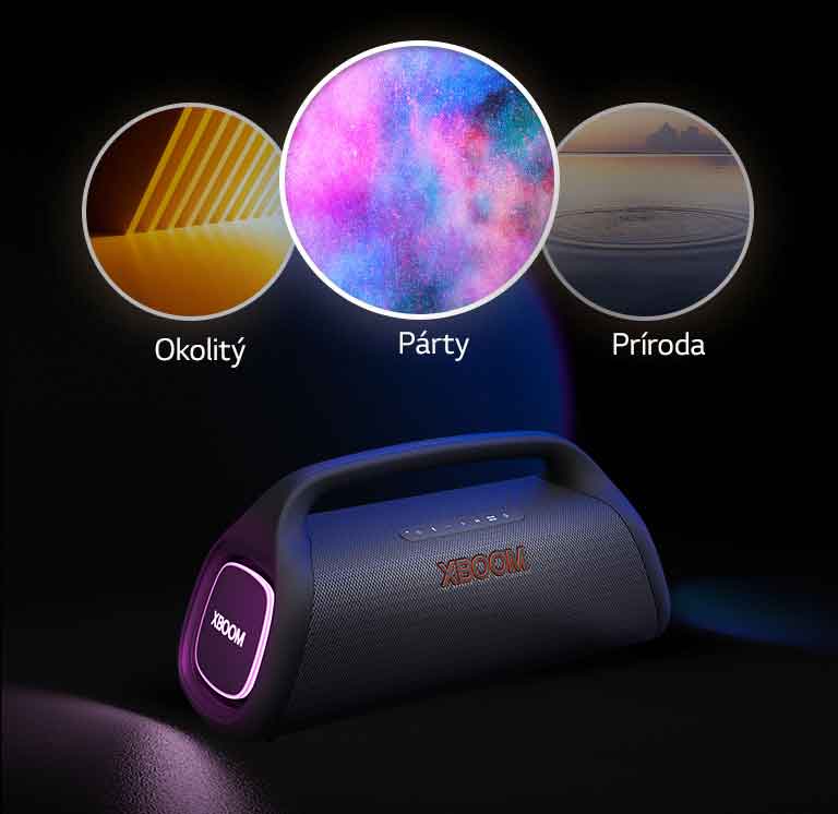 LG XBOOM Go XG9 s fialovým svetlom je položený na podlahe. Na hornej strane reproduktora sa zobrazujú tri režimy: rytmus, párty, ohňostroj, priestorový.