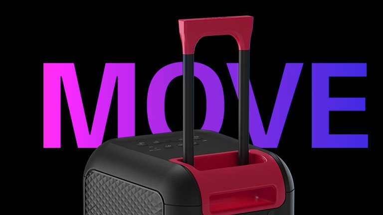 Detailný pohľad na teleskopickú rukoväť. Na dizajnové účely je za ňou napísané slovo „MOVE“.